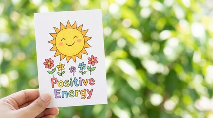 Positive energy card displayed outdoors in nature colorful hand-drawn artwork with sunshine and flowers inspiring vibes and uplifting message for well-being and motivation