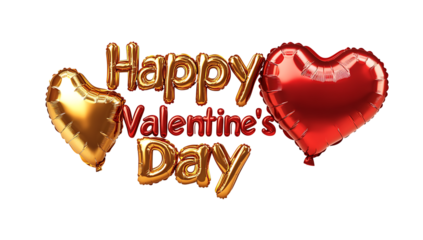 3 D text Happy Valentines Day with heart shaped balloons in red and gold colors isolated on a transparent background