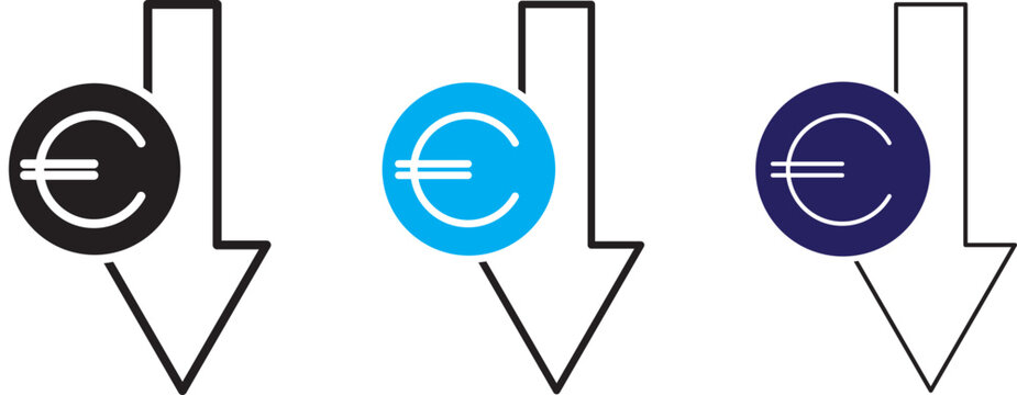 Cost reduction. Euro decrease flat vector icon. Euro decrease flat vector icons set
