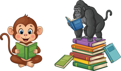 Cute cartoon monkey and gorilla reading books, funny educational animal vector illustration isolated on white © Sumon Creative