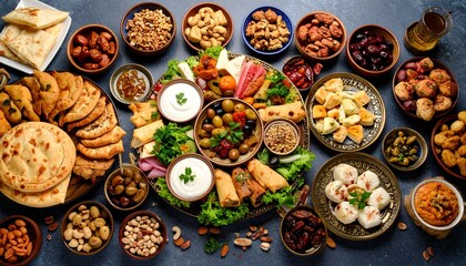 Fototapeta premium Abundant Middle Eastern Mezze Platter with Assorted Dips and Breads.