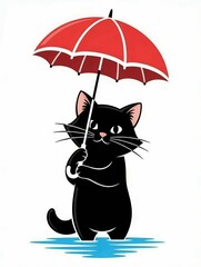 a cat with an umbrella stands in the water illustration 