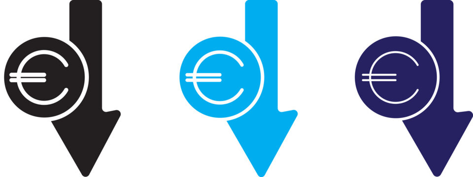 Cost reduction. Euro decrease flat vector icon. Euro decrease flat vector icons set
