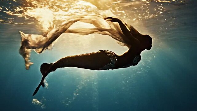 A graceful silhouette of a mermaid swims underwater