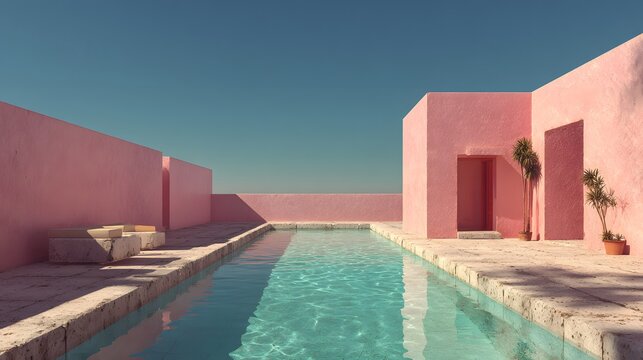 Minimalist pink architectural walls surrounding calm swimming pool with strong geometric shadows and serene atmosphere in Barragan style.