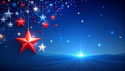 Patriotic Star Decoration Background Featuring Hanging Ornaments Against Deep Blue Night Sky and Bright Horizon Light