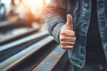 A close-up of a hand giving a thumbs-up gesture, set against a backdrop of industrial steel beams, conveying approval and positivity.