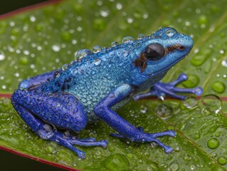 Obraz premium Blue poison dart frog on wet green leaf