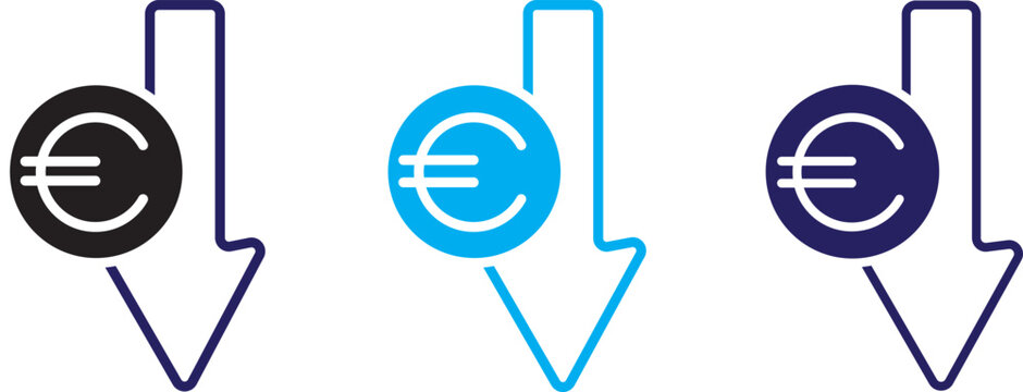 Cost reduction. Euro decrease flat vector icon. Euro decrease flat vector icons set
