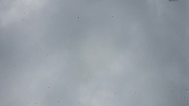 Rain falling on a glass roof seen from below against a cloudy sky. 