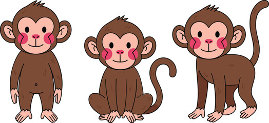 Cute cartoon monkey character set with standing and sitting poses, adorable jungle animal vector illustration © Sumon Creative
