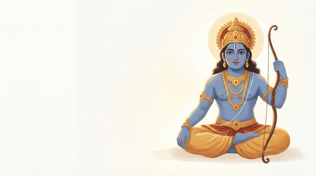 Lord Rama meditating in lotus position with divine bow. Hindu deity illustration embodying righteousness and devotion. Digital artwork for Ramayana themes and cultural celebrations.