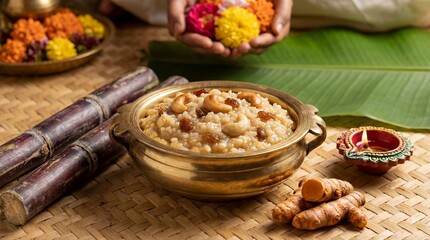 Hands offering colorful flowers beside brass pot of sweet pongal rice dish with sugarcane and turmeric roots. Indian harvest festival celebration pongal tradition and cultural offering.
