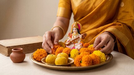Woman in yellow saree arranging marigold flowers around small Saraswati idol with veena on table. Traditional Indian festival puja setup featuring sweets books and clay pot for knowledge worship and