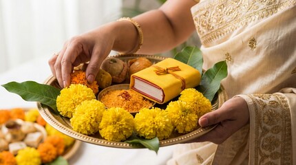 Woman holding brass plate with marigold flowers betel leaves sweets and sacred book for Indian festival puja. Traditional Diwali preparation and religious offering. Cultural ceremony and devotion