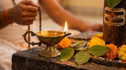 Hindu devotee holding rudraksha prayer beads near lit brass oil lamp on stone altar. Traditional Indian festival puja with Shiva lingam, marigold flowers and green leaves. Diwali worship ritual and