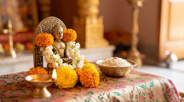 Mahavir jayanti festival setup with golden statue of Jain tirthankara adorned in marigold and jasmine garlands. Traditional diya lamp and rice offering on colorful altar cloth for spiritual worship