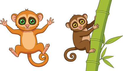 Cute cartoon monkey characters climbing and jumping, playful jungle animal vector illustration isolated on white © Sumon Creative