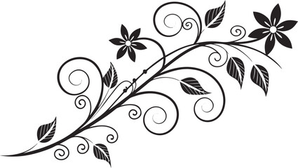 Ornamental design elements - a collection of ornate black and white floral vector elements. Each design should feature intricate swirls, curls, and botanical motifs such as leaves, vines, petals.
