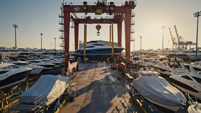 Marina area with boats under crane at sunset