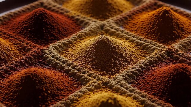 Vibrant piles of assorted spices in a grid pattern