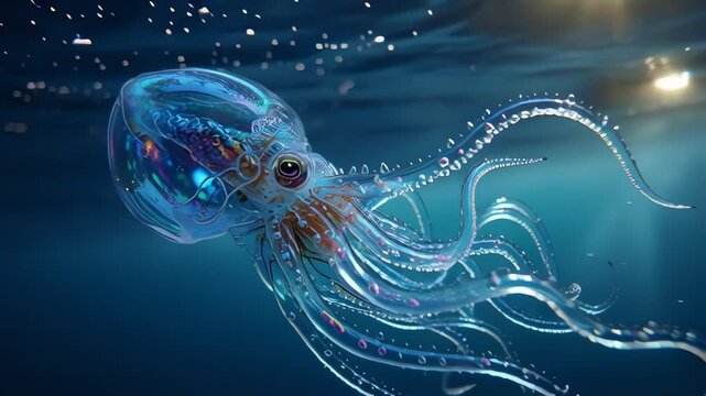 Giant transparent blue octopus swimming in deep ocean