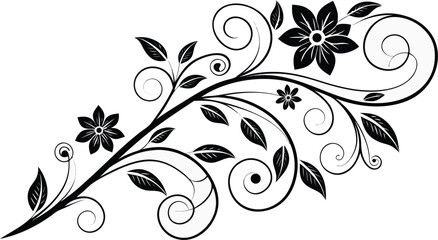 Ornamental design elements - a collection of ornate black and white floral vector elements. Each design should feature intricate swirls, curls, and botanical motifs such as leaves, vines, petals.