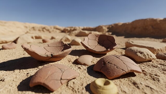 Ancient pottery fragments scattered on dry earth in Qumran Caves landscape under harsh sunlight