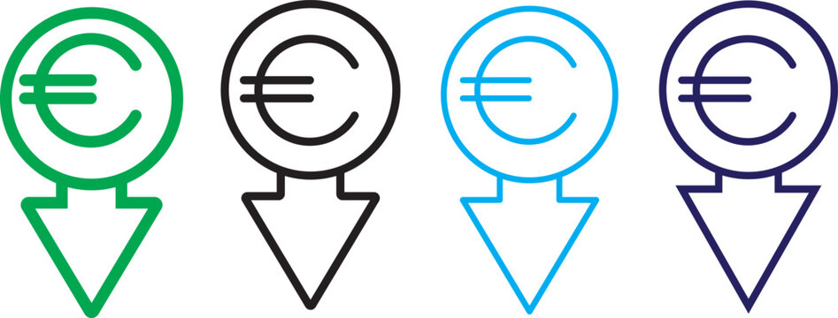 Cost reduction. Euro decrease flat vector icon. Euro decrease flat vector icons set
