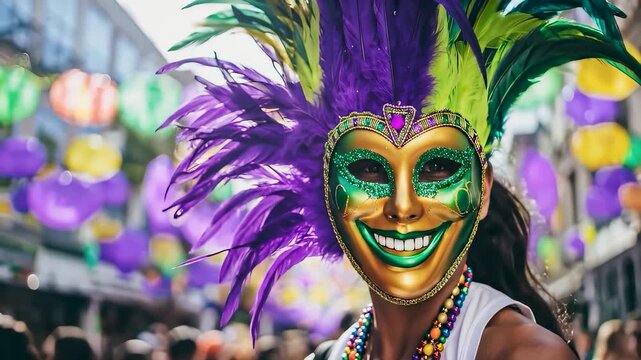 Woman wearing colorful venetian mask with feather for Mardi Gras carnival celebration. Female posing with beads necklace at festival party. Festive costume portrait with copy space background.