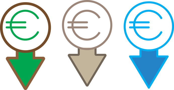 Cost reduction. Euro decrease flat vector icon. Euro decrease flat vector icons set

