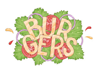 Playful burger lettering made from ingredients, letters formed by sesame buns, cheese slices and beef patties