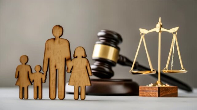 A family figurine set alongside a gavel and scales of justice, symbolizing family law and legal matters.