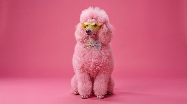 Pink poodle wearing yellow sunglasses and a bow tie, posing against a vibrant pink background, showcasing a whimsical and playful atmosphere of surreal silliness
