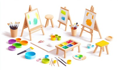 Art supplies arrangement with easel paint brushes and colorful palettes