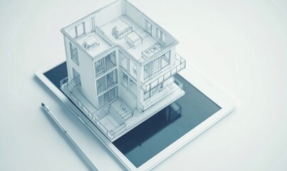 Architectural model on tablet for house design and blueprint visualization