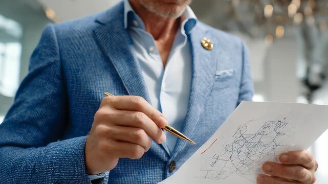 Confident businessman in a stylish blue suit analyzes a complex map or architectural plan in a modern office environment. Professional planning and decision making concept
