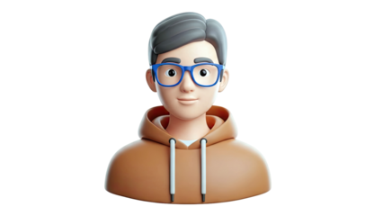 3D Avatar of a Young Person Wearing Blue Glasses and a Brown Hoodie