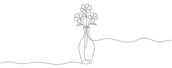 Fototapeta premium A single-line drawing of flowers in a vase. A flower in a vase, drawn with a single line. Editable outline.