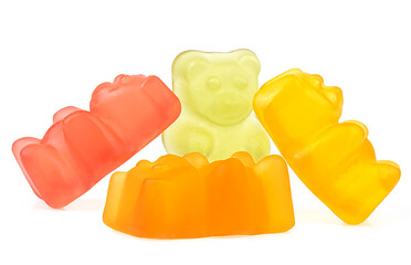 Group of colorful jelly gummy bears isolated on a white background. Fruit candy bears. Marmalade.