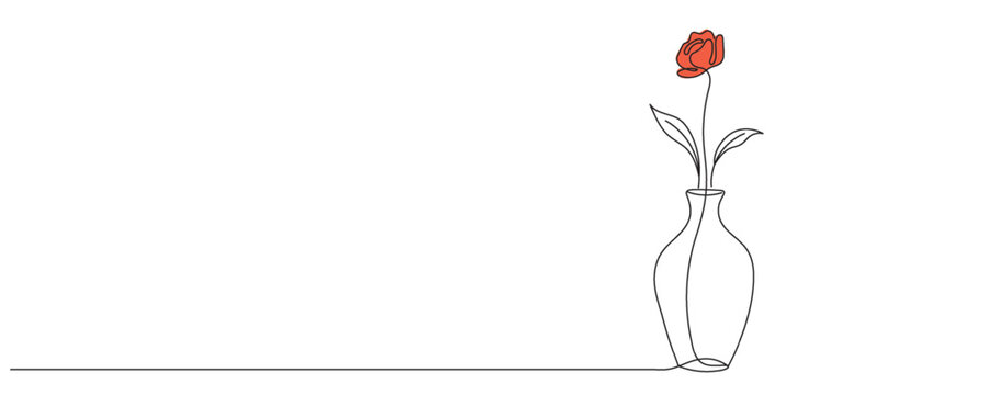 A single-line drawing of flowers in a vase. A flower in a vase, drawn with a single line. Editable outline.
