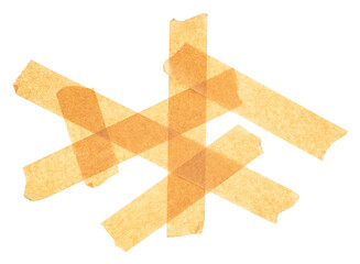 Yellow adhesive paper tape isolated on a white background, top view. Various pieces of masking tape.