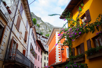 Street view from famous italian old town Limone on the coast of Garda lake