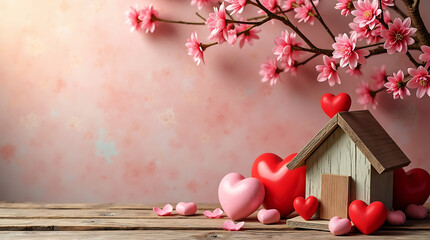 Valentine love home concept with hearts wooden house and spring flowers