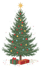 Fototapeta premium Festive Christmas Tree with Ornaments and Gifts Illustration.