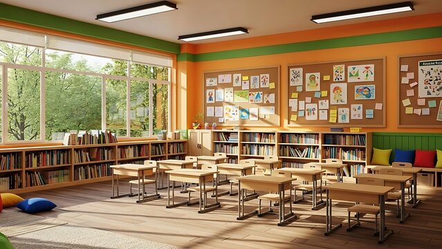 A well-lit classroom with green trees, colorful chairs, wooden desks, shelves, and posters on the wall.