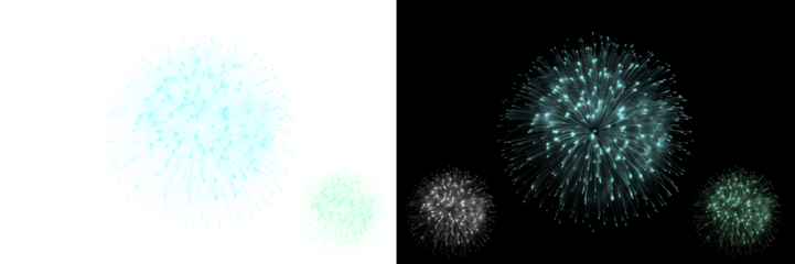 Colorful luminous particle blooms isolated on transparent PNG, multicolor celebratory light bursts forming festive abstract firework display