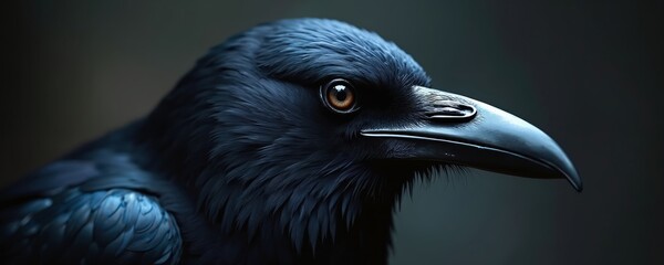 Obraz premium Close up view shows raven head. Bird has dark feathers. Eye is golden color. Raven poses looking into side on dark background. Great for ornithology and Halloween projects. Raven is wild bird.