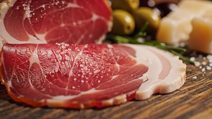 Closeup view of thinly sliced gourmet cured meat possibly prosciutto or bresaola generously seasoned with coarse sea salt presented on a rustic wooden surface with blurred olives and cheese in the ba.