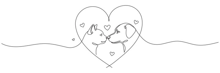 One-line drawing of a cat and dog with a heart. Decorative line art logo for a pet store or veterinary clinic. Editable vector illustration.